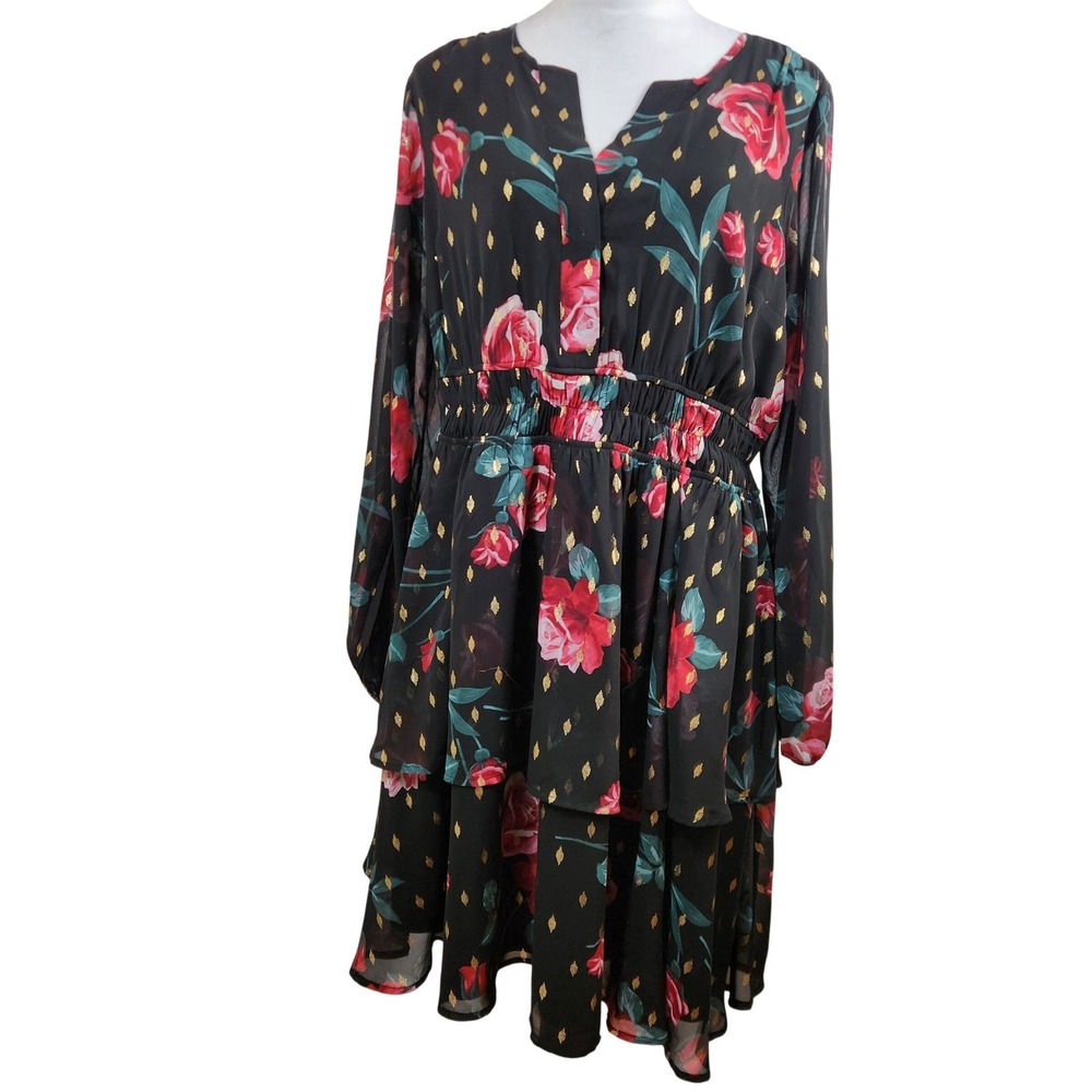 Torrid 00 Floral Chiffon Long Sleeve Tiered Mini Dress Black Red‎ Gold Accent L